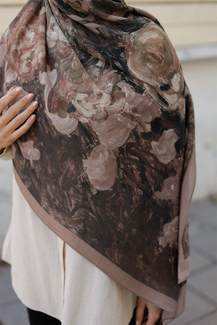 %100 Organik Pamuk Şal - Rose Desen - Koyu Kahve