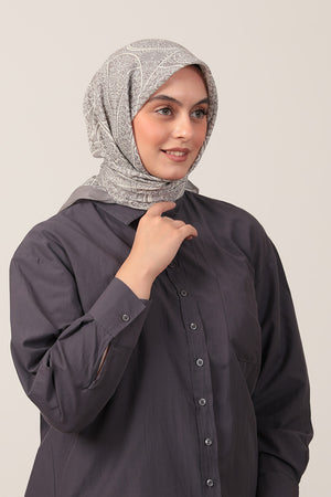 Pamuk İpek Eşarp - Sarmaşık Desen - Gümüş