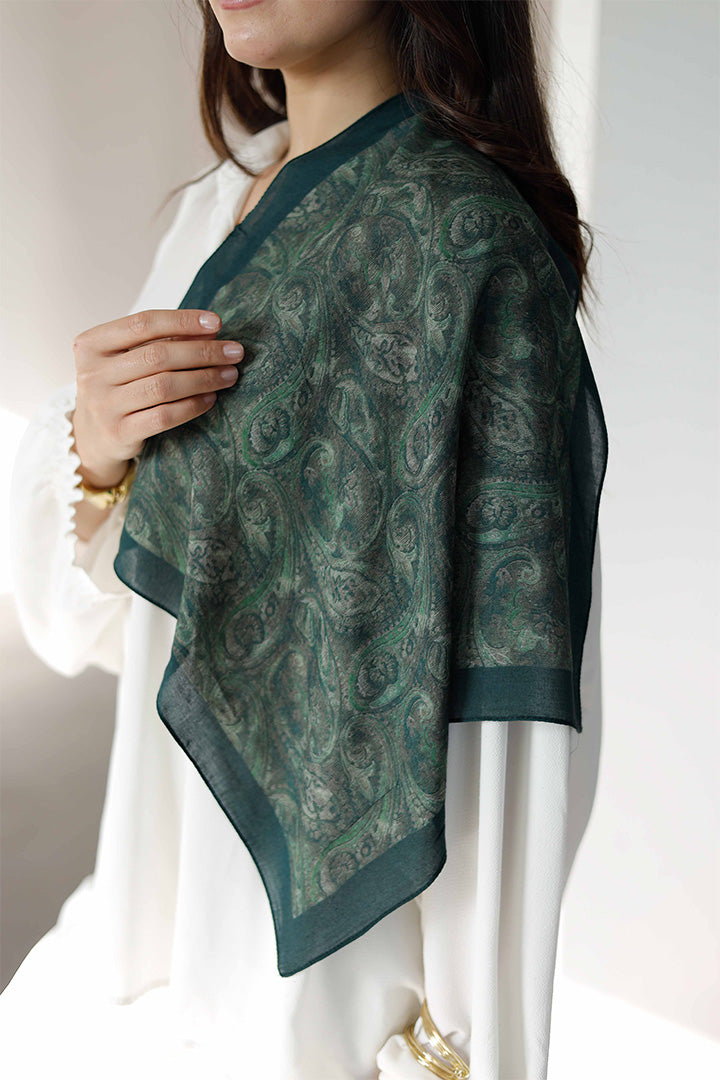 %100 Organik Pamuk Fular - Şal Desen - Koyu Yeşil