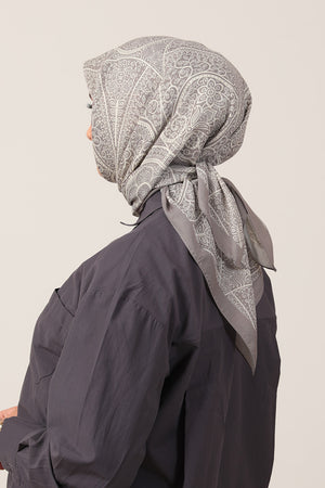 Pamuk İpek Eşarp - Sarmaşık Desen - Gümüş