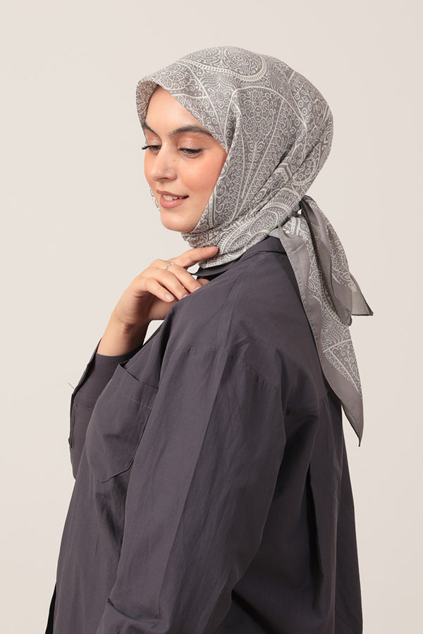 Pamuk İpek Eşarp - Sarmaşık Desen - Gümüş