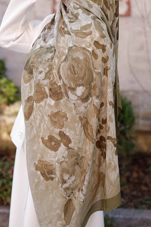 %100 Organik Pamuk Şal - Rose Desen - Olive