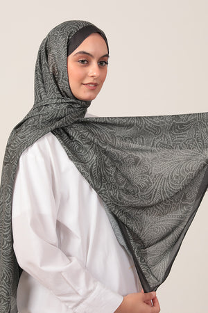 Pamuk İpek Şal - Lalezar Desen - Haki Yeşili