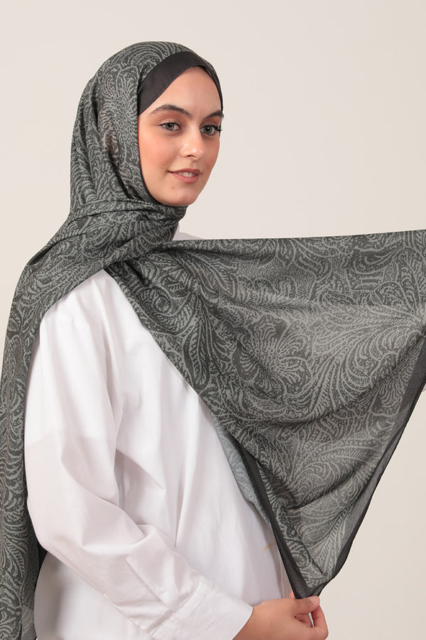 Pamuk İpek Şal - Lalezar Desen - Haki Yeşili