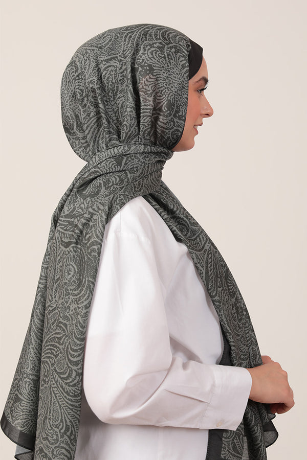 Pamuk İpek Şal - Lalezar Desen - Haki Yeşili