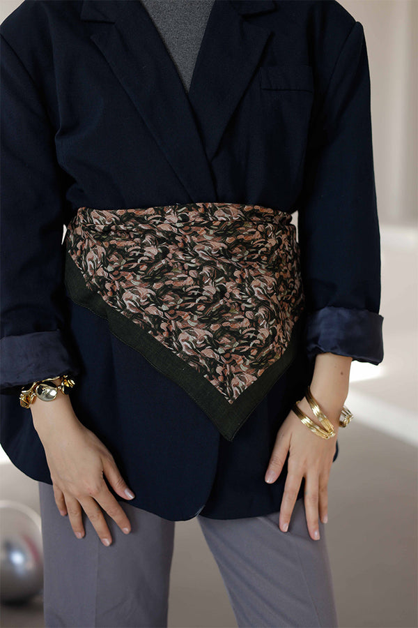 %100 Organik Pamuk Fular - Yaprak Desen - Haki Yeşili