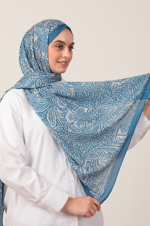 Pamuk İpek Şal - Lalezar Desen - Mavi