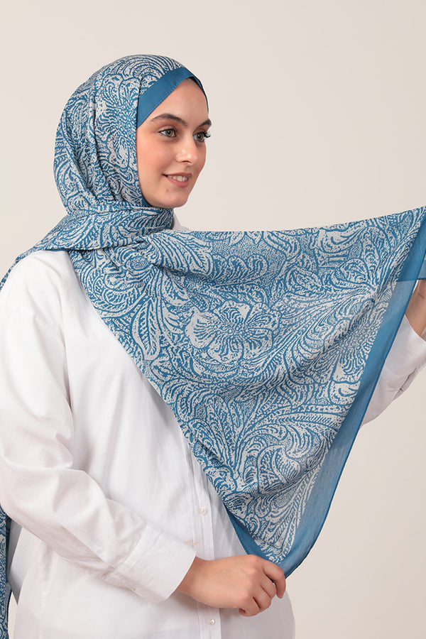 Pamuk İpek Şal - Lalezar Desen - Mavi