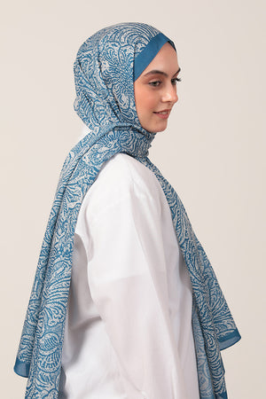 Pamuk İpek Şal - Lalezar Desen - Mavi