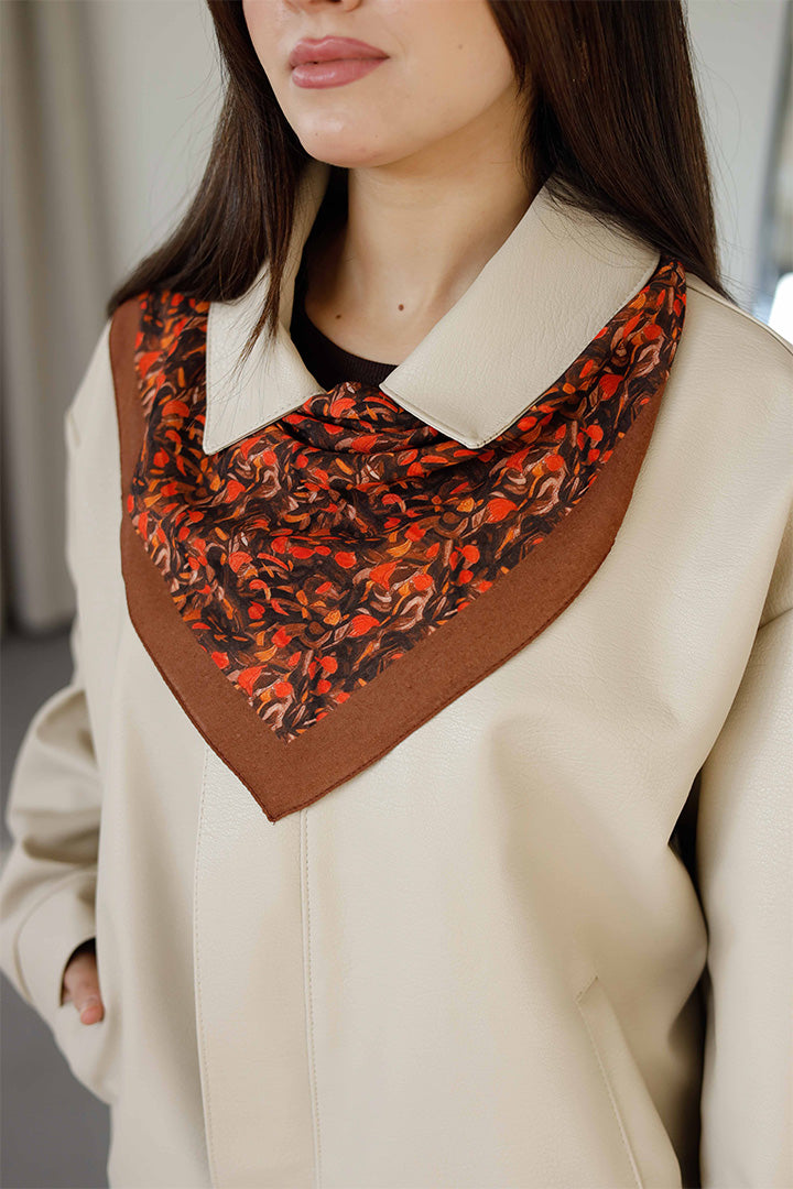 %100 Organik Pamuk Fular - Yaprak Desen - Kahve Kiremit