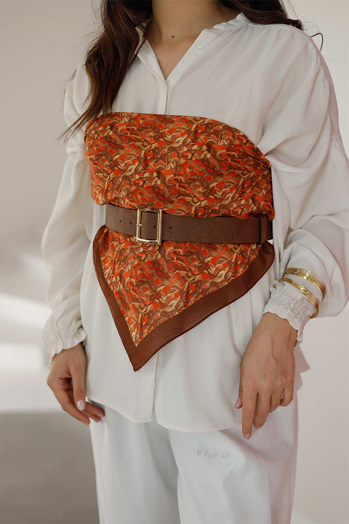 %100 Organik Pamuk Fular - Yaprak Desen - Kahve Turuncu