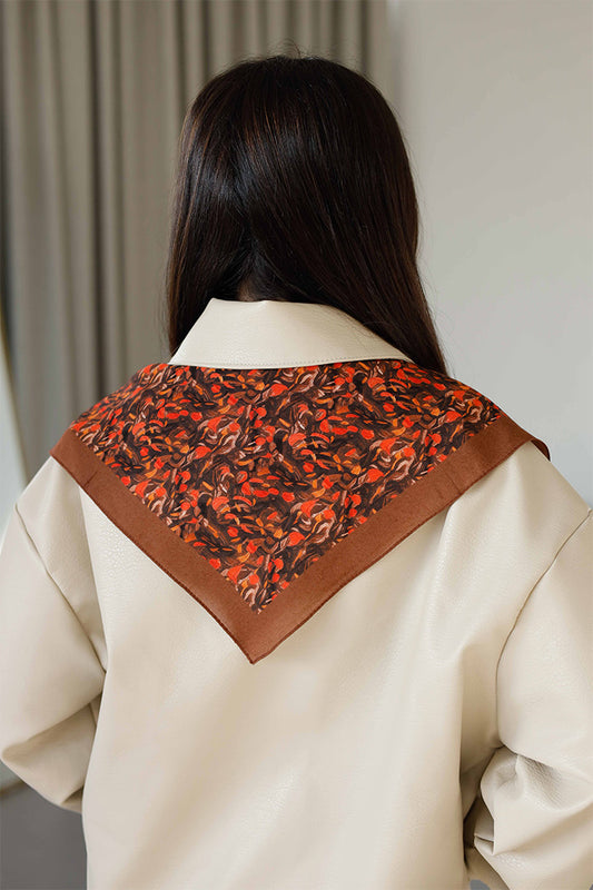 %100 Organik Pamuk Fular - Yaprak Desen - Kahve Kiremit