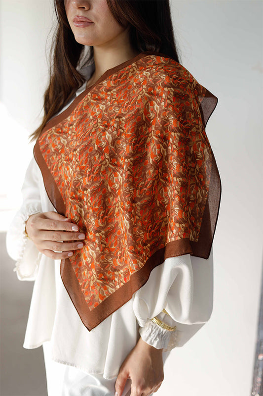%100 Organik Pamuk Fular - Yaprak Desen - Kahve Turuncu