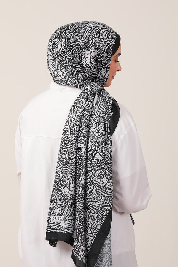 Pamuk İpek Şal - Lalezar Desen - Siyah Beyaz