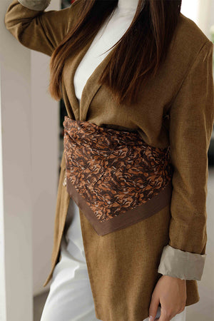 %100 Organik Pamuk Fular - Yaprak Desen - Kahverengi