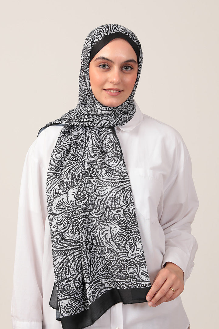 Pamuk İpek Şal - Lalezar Desen - Siyah Beyaz