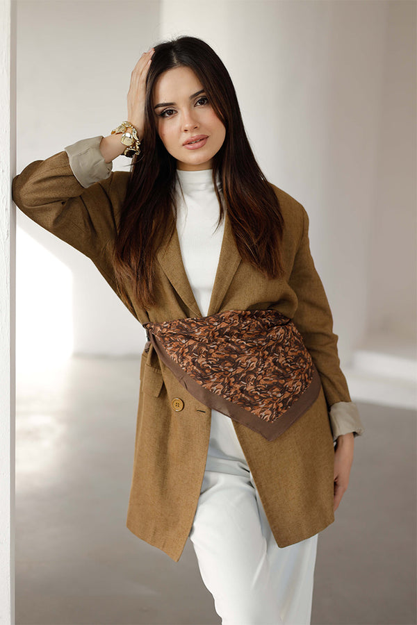 %100 Organik Pamuk Fular - Yaprak Desen - Kahverengi