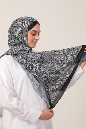 Pamuk İpek Şal - Lalezar Desen - Siyah Beyaz