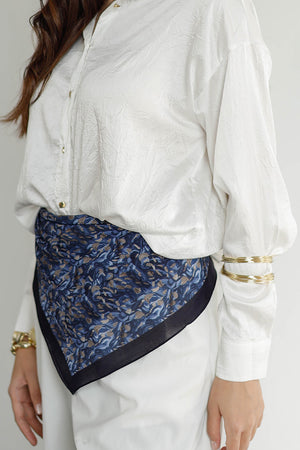 %100 Organik Pamuk Fular - Yaprak Desen - Lacivert