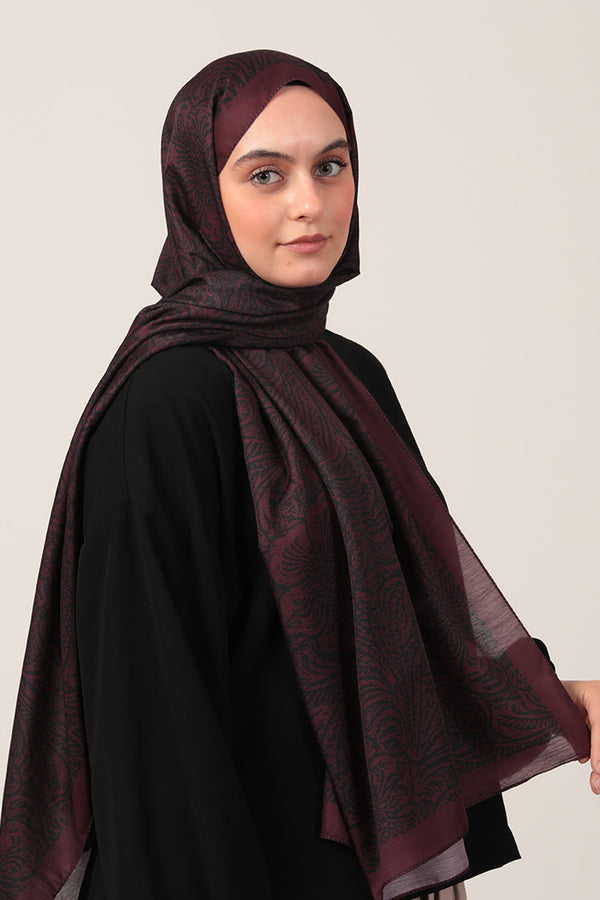 Pamuk İpek Şal - Lalezar Desen - Vişne