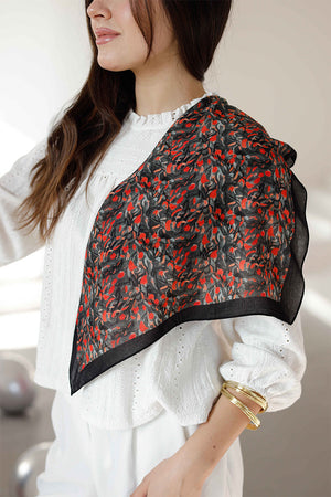 %100 Organik Pamuk Fular - Yaprak Desen - Siyah Kırmızı