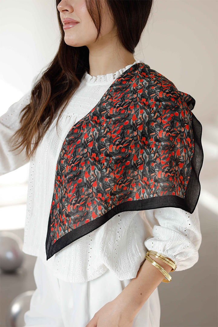 %100 Organik Pamuk Fular - Yaprak Desen - Siyah Kırmızı