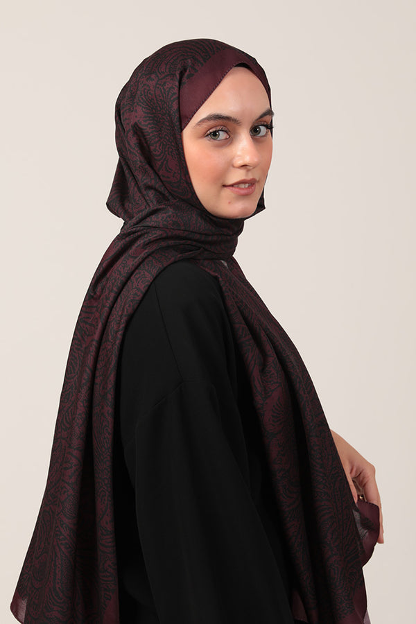 Pamuk İpek Şal - Lalezar Desen - Vişne