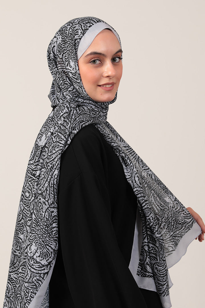 Pamuk İpek Şal - Lalezar Desen - Gri Siyah