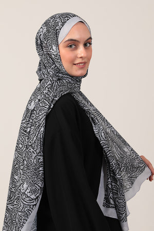 Pamuk İpek Şal - Lalezar Desen - Gri Siyah