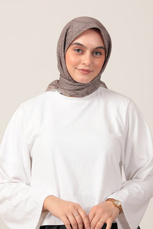 Pamuk İpek Eşarp - Sarmaşık Desen - Koyu Vizon