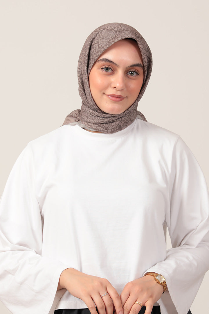 Pamuk İpek Eşarp - Sarmaşık Desen - Koyu Vizon