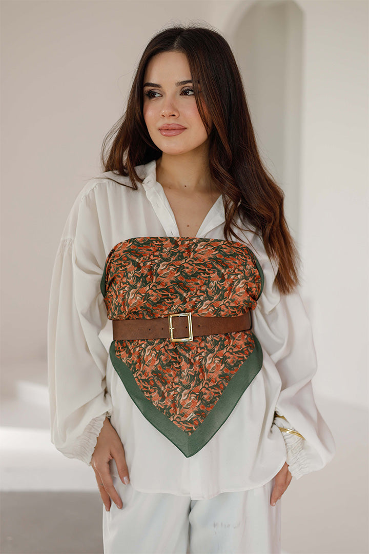 %100 Organik Pamuk Fular - Yaprak Desen - Yeşil