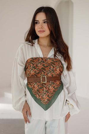 %100 Organik Pamuk Fular - Yaprak Desen - Yeşil