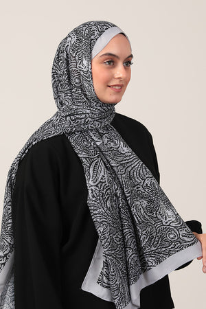 Pamuk İpek Şal - Lalezar Desen - Gri Siyah