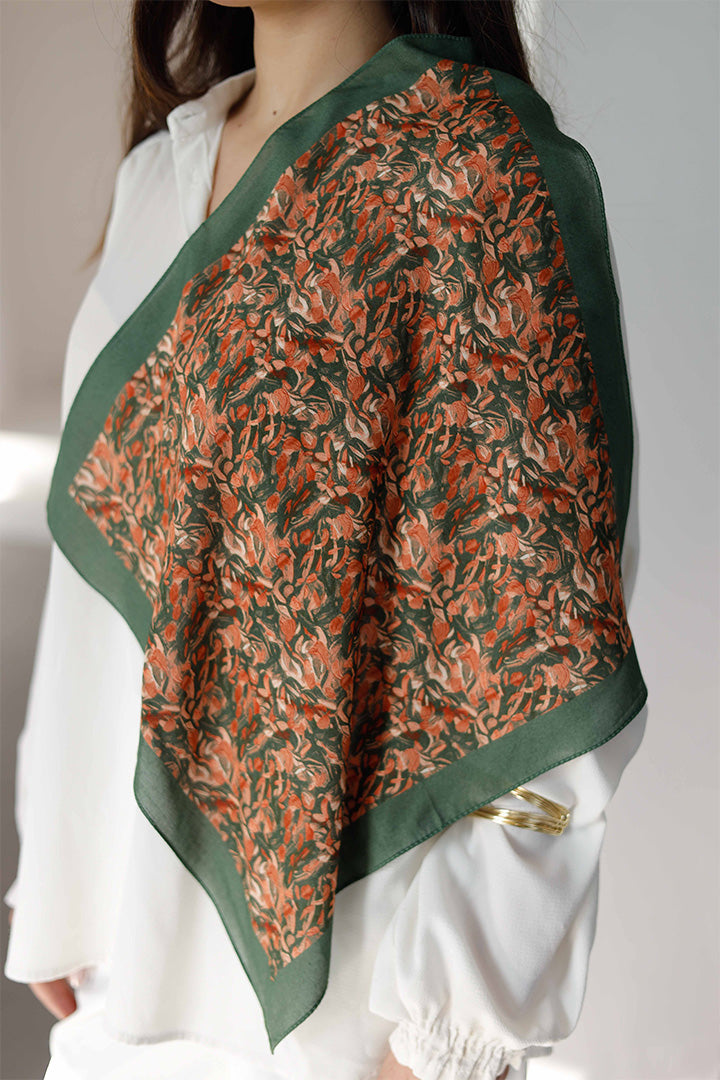 %100 Organik Pamuk Fular - Yaprak Desen - Yeşil