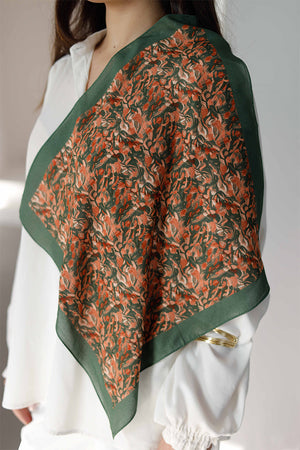 %100 Organik Pamuk Fular - Yaprak Desen - Yeşil