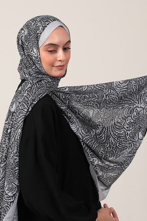 Pamuk İpek Şal - Lalezar Desen - Gri Siyah