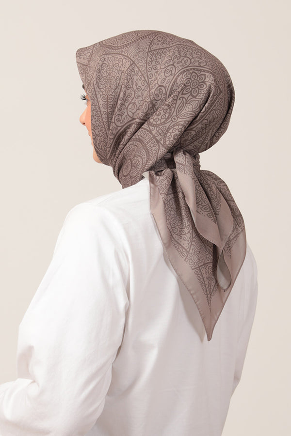 Pamuk İpek Eşarp - Sarmaşık Desen - Koyu Vizon