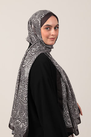 Pamuk İpek Şal - Lalezar Desen - Siyah Krem