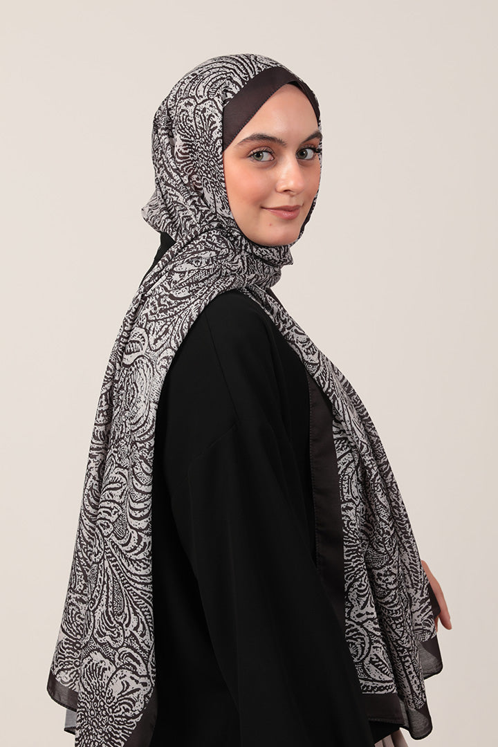 Pamuk İpek Şal - Lalezar Desen - Siyah Krem