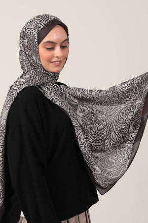 Pamuk İpek Şal - Lalezar Desen - Siyah Krem