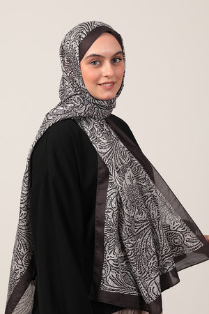 Pamuk İpek Şal - Lalezar Desen - Siyah Krem