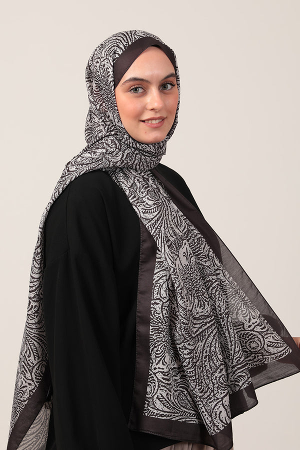 Pamuk İpek Şal - Lalezar Desen - Siyah Krem