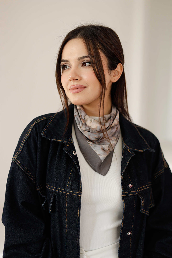 %100 Organik Pamuk Fular - Ebru Desen - Gri