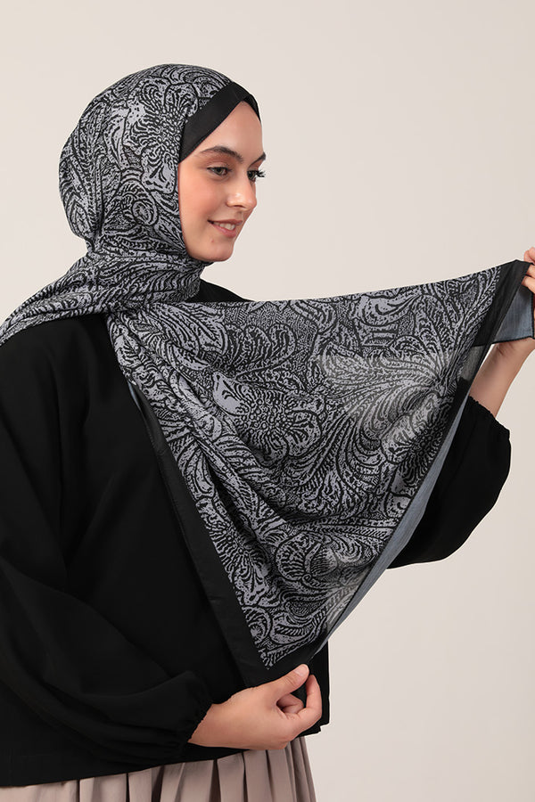 Pamuk İpek Şal - Lalezar Desen - Koyu Gri