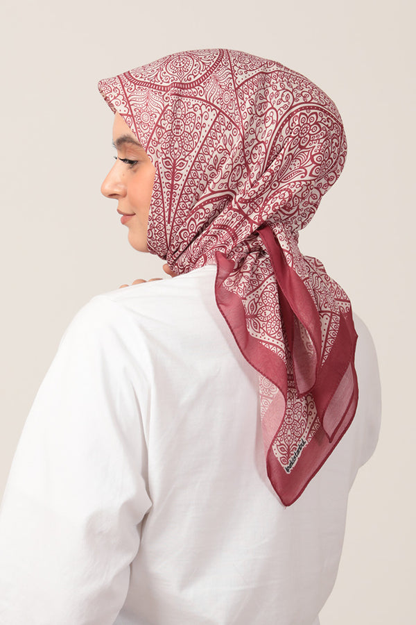 Pamuk İpek Eşarp - Sarmaşık Desen - Bordo Ekru