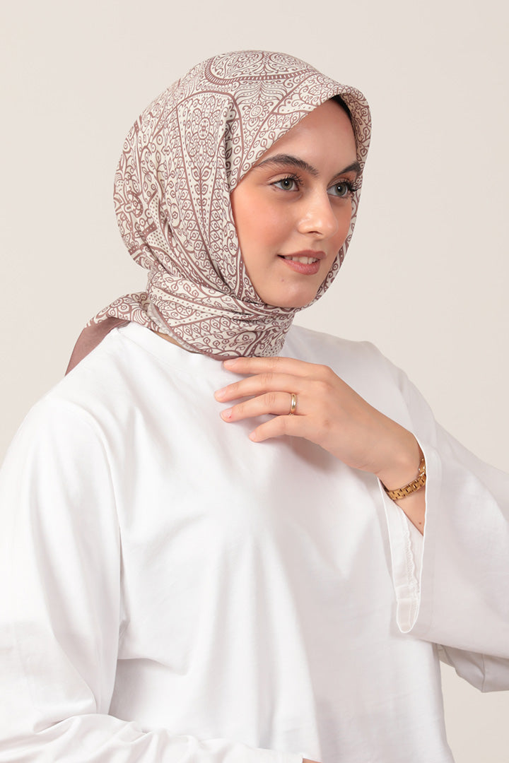 Pamuk İpek Eşarp - Sarmaşık Desen - Tatlı Kahve Ekru