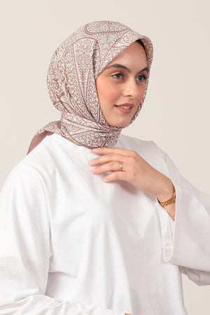 Pamuk İpek Eşarp - Sarmaşık Desen - Tatlı Kahve Ekru