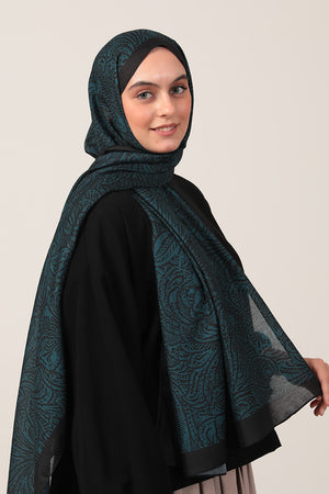 Pamuk İpek Şal - Lalezar Desen - Petrol Yeşili