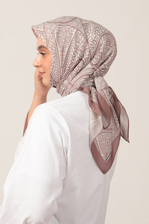 Pamuk İpek Eşarp - Sarmaşık Desen - Tatlı Kahve Ekru